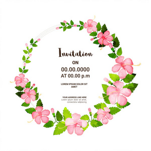 粉红色的花朵和绿叶装饰邀请卡