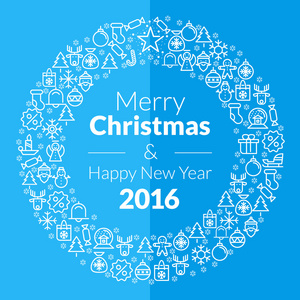 圣诞快乐和新年快乐问候卡平风格矢量图和圣诞线条艺术在蓝色背景上的图标