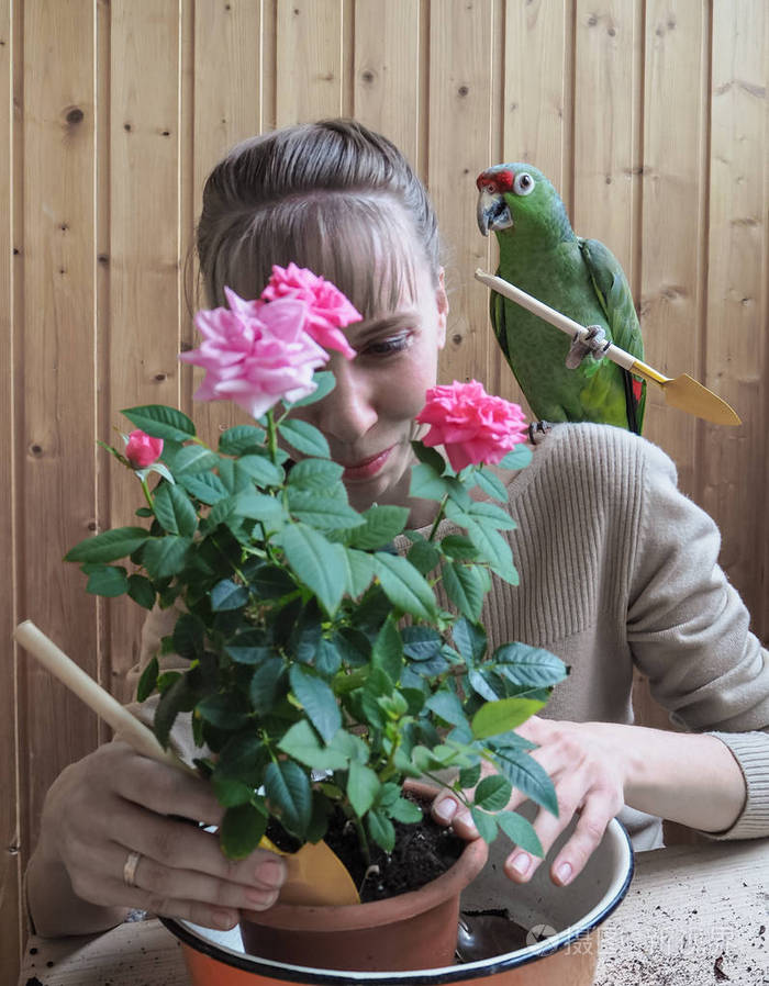 一个女人在他肩上植物一种植物,一只鹦鹉