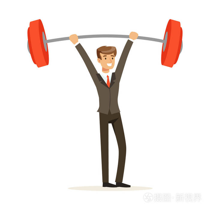 微笑在一身轻松地举杠铃矢量插图的商人