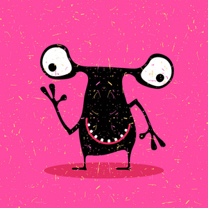 可爱的黑色怪物与情绪对垃圾粉红色背景