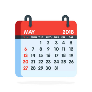 2018 年的日历。全月的五月图标。矢量图
