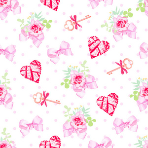 键 花 心和粉红色的缎带蝴蝶结无缝矢量打印