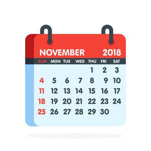 2018 年的日历。整月 11 月图标。矢量图