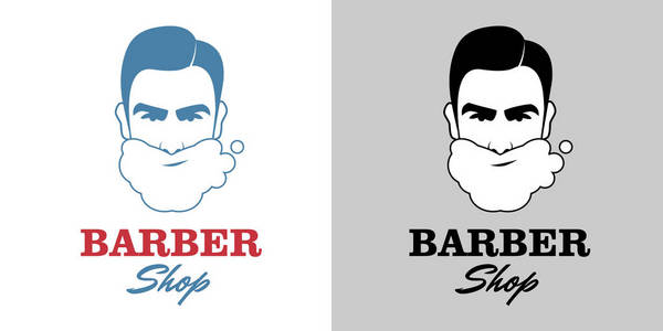剃须的人。剃刀和剃须泡沫。理发店的标志