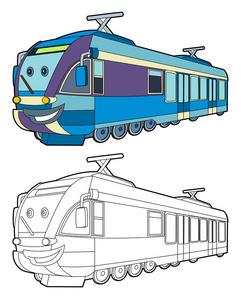卡通快速电动火车微笑着色页儿童插画