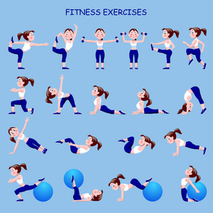 健身锻炼与卡通女孩在蓝色和白色的西装照片