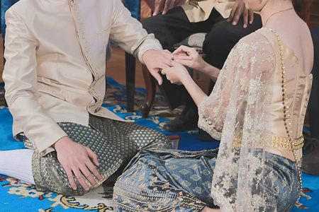 新娘新婚夫妇在婚礼中的新郎的手指上戴戒指