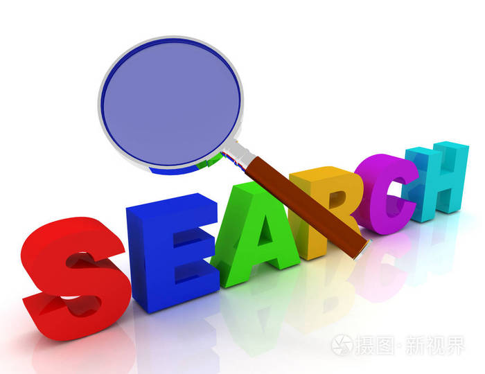 在放大镜下搜索文本.3d 渲染它制作图案