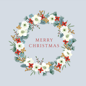 老式的圣诞，新年贺卡 请柬有插图，装饰花环的冬青 藜芦等花 松 杉树枝和浆果。矢量背景