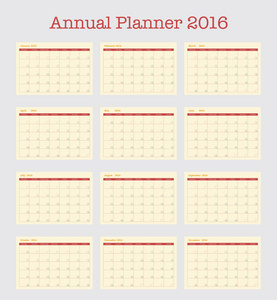 年到 2016 年，简单的矢量模板 组 12 月年度规划师