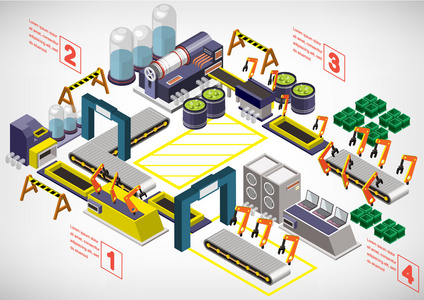 信息图形工厂设备概念等距的 3d 图形中的插图
