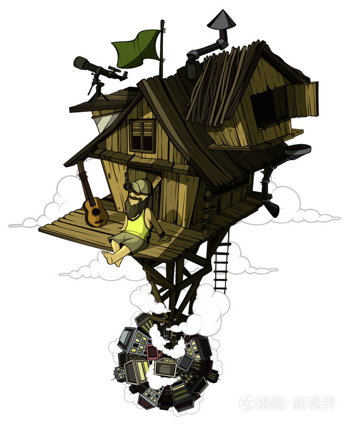 高兴的男人坐在他隐居的房子里高空的城市彩色