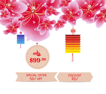 弹簧用樱花鲜花销售标签设计。樱花和灯笼，中国新的一年