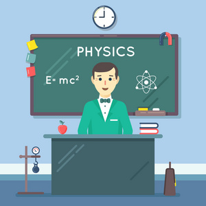观众中的学校物理老师. 矢量平面教育照片