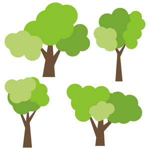 孤立在白色背景上的四个不同卡通绿色树木一套