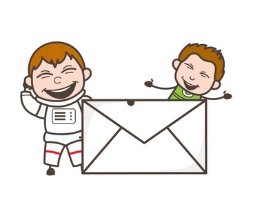 快乐的孩子与信封矢量图卡通宇航员漫画漫画宇航员男孩穿着太空服登陆