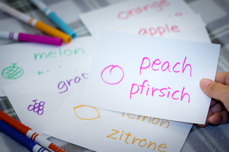 德国学习新的语言，用水果名称的卡片