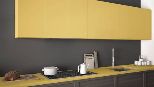 现代厨房详细木制附近了，黄色的极简主义 c