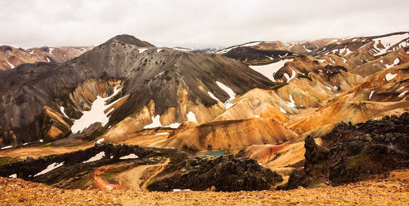 美丽的景色多彩景观的 Landmannalaugar 国家公园的山脉背景，Landmannalaugar，Westfjords，