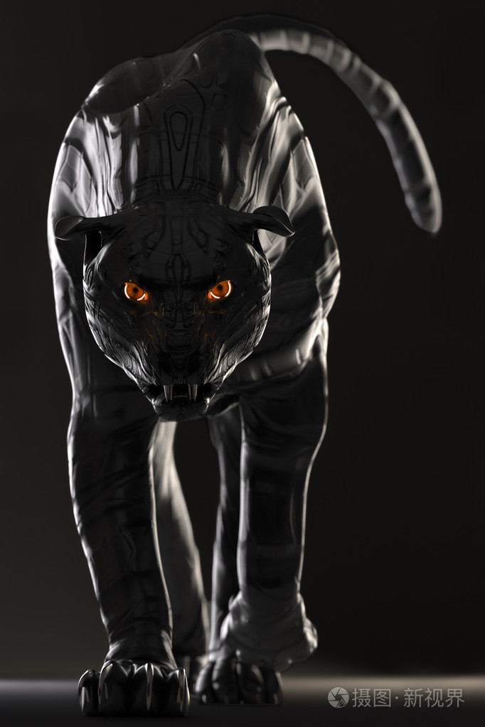 邪恶看机器人黑豹与发光的红眼睛朝相机走去