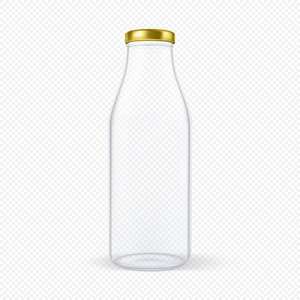 矢量现实透明封闭空玻璃奶瓶与孤立在透明背景上的金盖特写。设计广告，品牌，样机的模板。Eps10