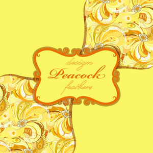 黄色橙色孔雀羽毛图案背景。葡萄酒标签