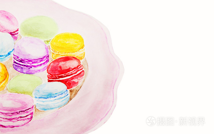 白色背景上甜品杏仁饼水彩画