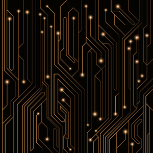 高科技背景的橙色颜色从一个电脑板指示灯和发光霓虹灯连接器。计算机电路。一个大型的电子网络。矢量图