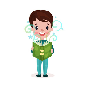 可爱的小男孩看童话书,孩子们想象力的概念多彩卡通矢量图照片
