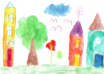 孩子的画。农村房屋和树木