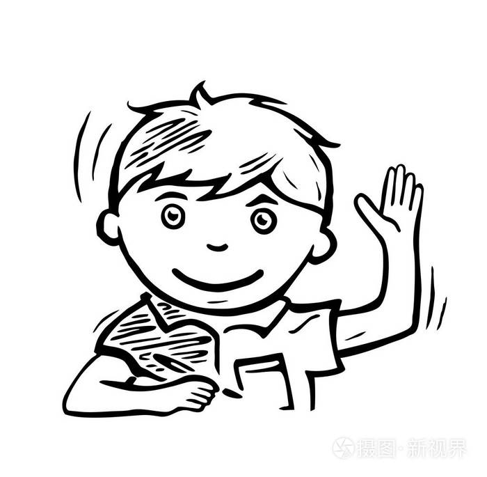 插画 男生笑了,举起手来回答.黑色的矢量图.eps