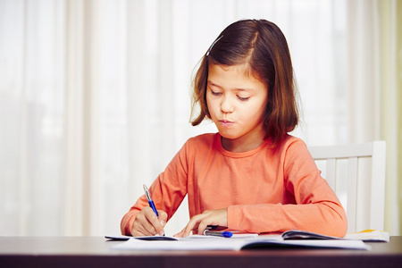 家庭奋斗女孩正在做家庭作业照片