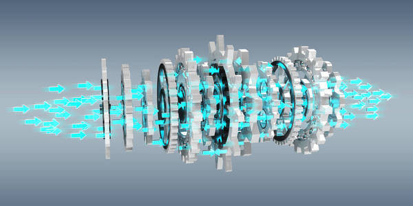 浮动现代齿轮机制 3d 渲染