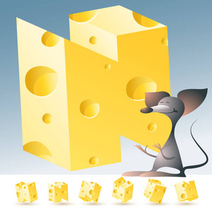 3d 矢量黄色奶酪字母表与有趣的鼠标。字母 N
