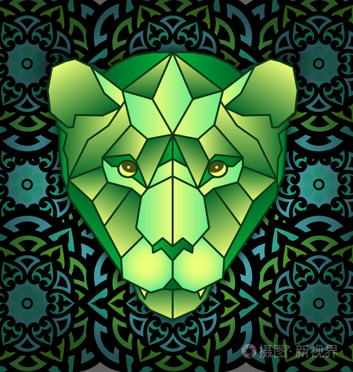 曼荼罗和多边形的多边形虎头.圆的装饰图案.