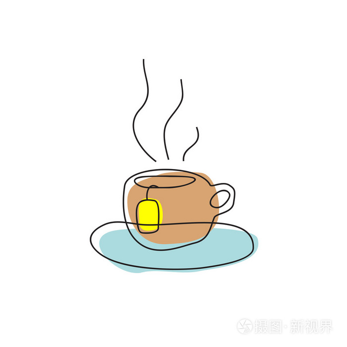 茶杯与线性的袋泡茶手绘图