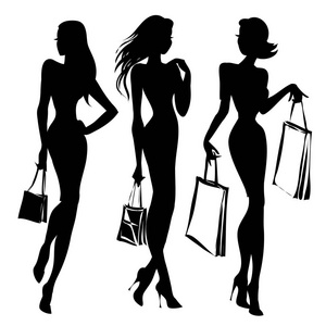 黑色和白色复古时尚模型轮廓线。购物的女孩，用包手绘制矢量图