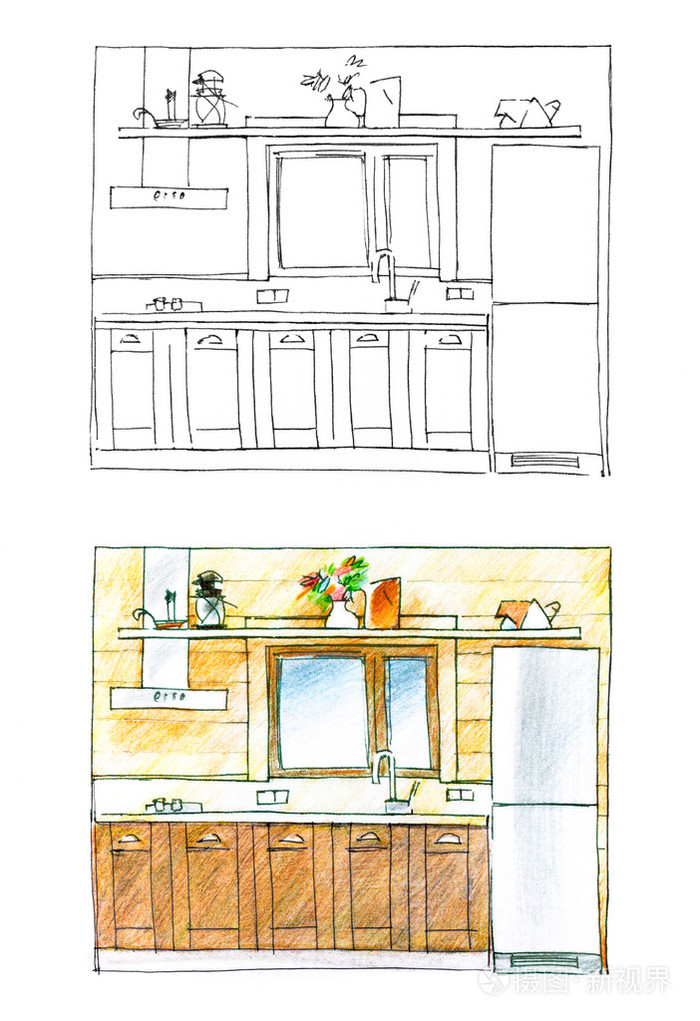 图形的素描和色彩版本的厨房