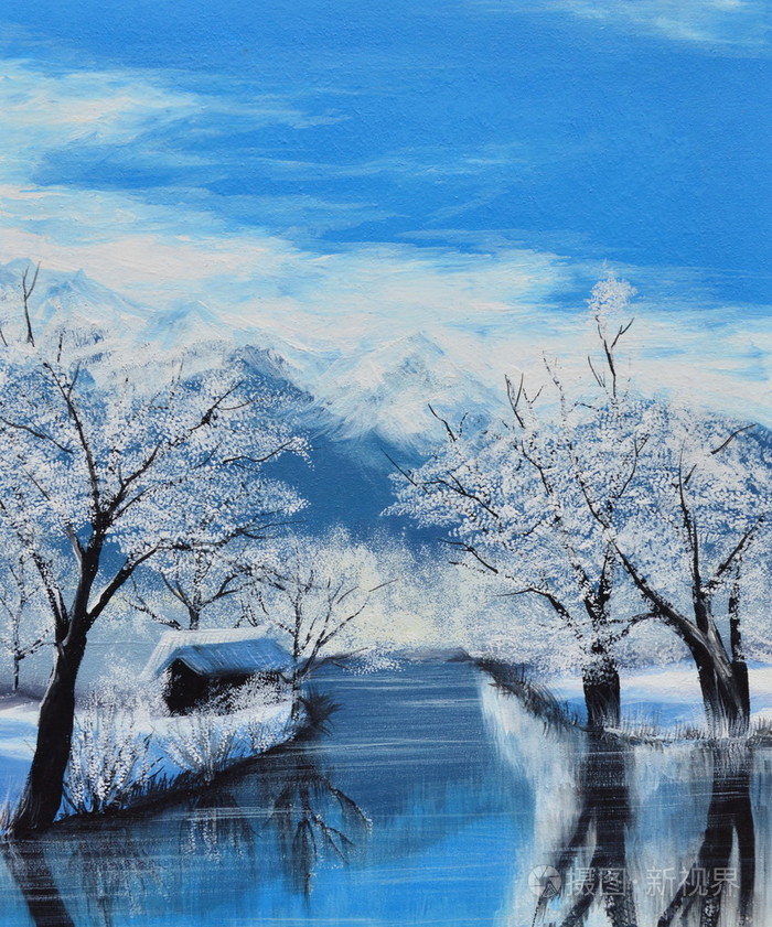 运河在冬天油画画布上