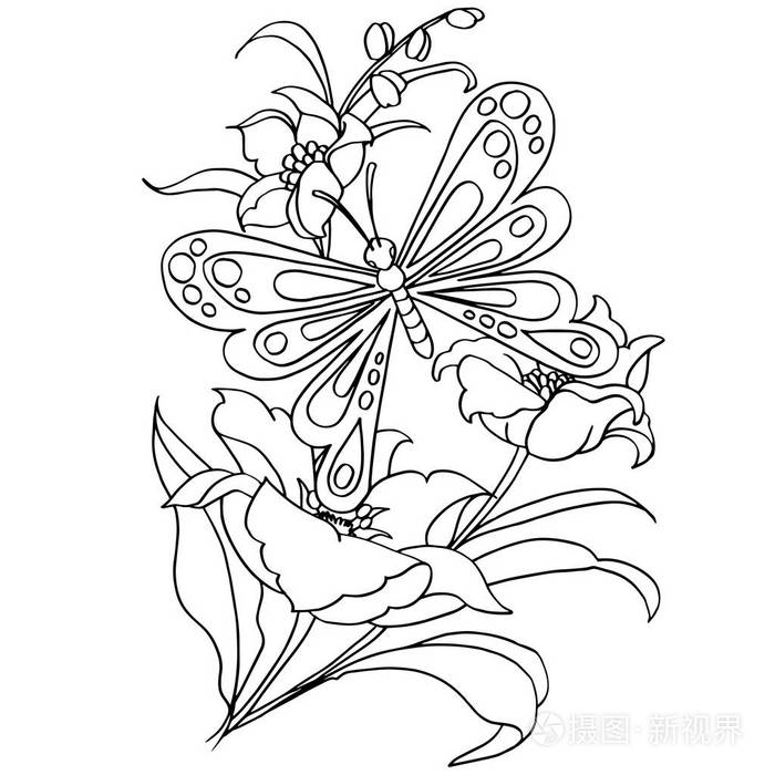 蝴蝶和花朵卡通着色页矢量插画-正版商用图片0dlsw9-摄图新视界