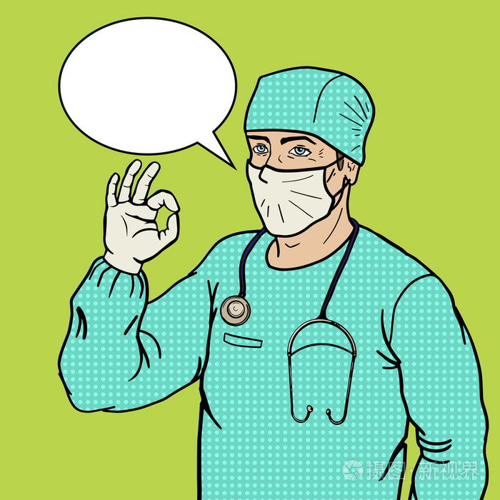 外科医生显示 ok 的手势波普艺术风格矢量