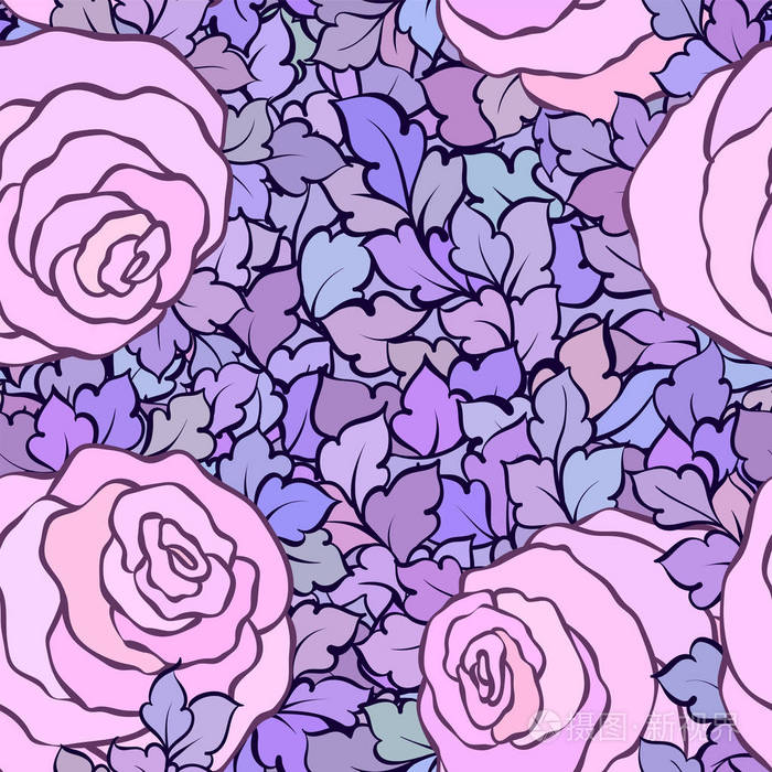 无缝花纹与玫瑰和树叶,观赏的复杂花纹和花,手绘艺术背景,适合纺织
