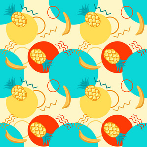 无缝彩色夏天图案与菠萝和香蕉 geometr