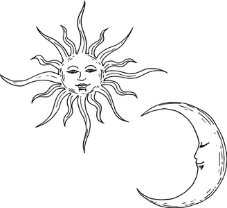 月亮和太阳与脸的矢量插画照片