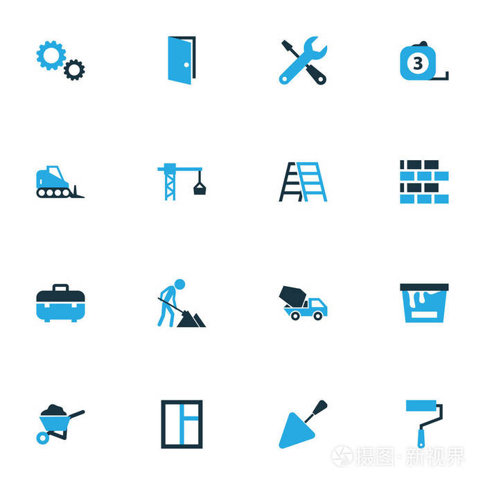 行业色彩鲜艳的图标集.推土机, 齿轮, 螺丝起子和其他元素的集合.