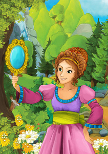 卡通场面与一些美丽的女孩在森林里看在镜子插图为孩子
