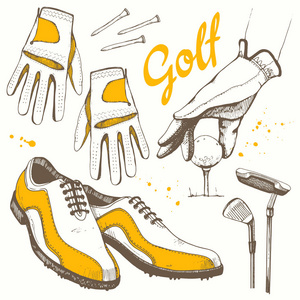 高尔夫与篮 鞋 推杆 球 手套 包设置。向量集的手绘运动器材。在白色背景上的素描样式的插图。手写的墨迹刻字