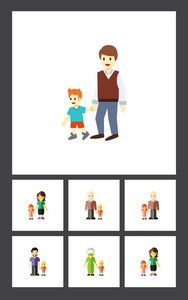 平面图标亲戚集儿子 男孩 孙子矢量对象。此外包括爷爷，弟弟，父亲元素