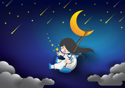 夜晚的天空月亮和女孩照片